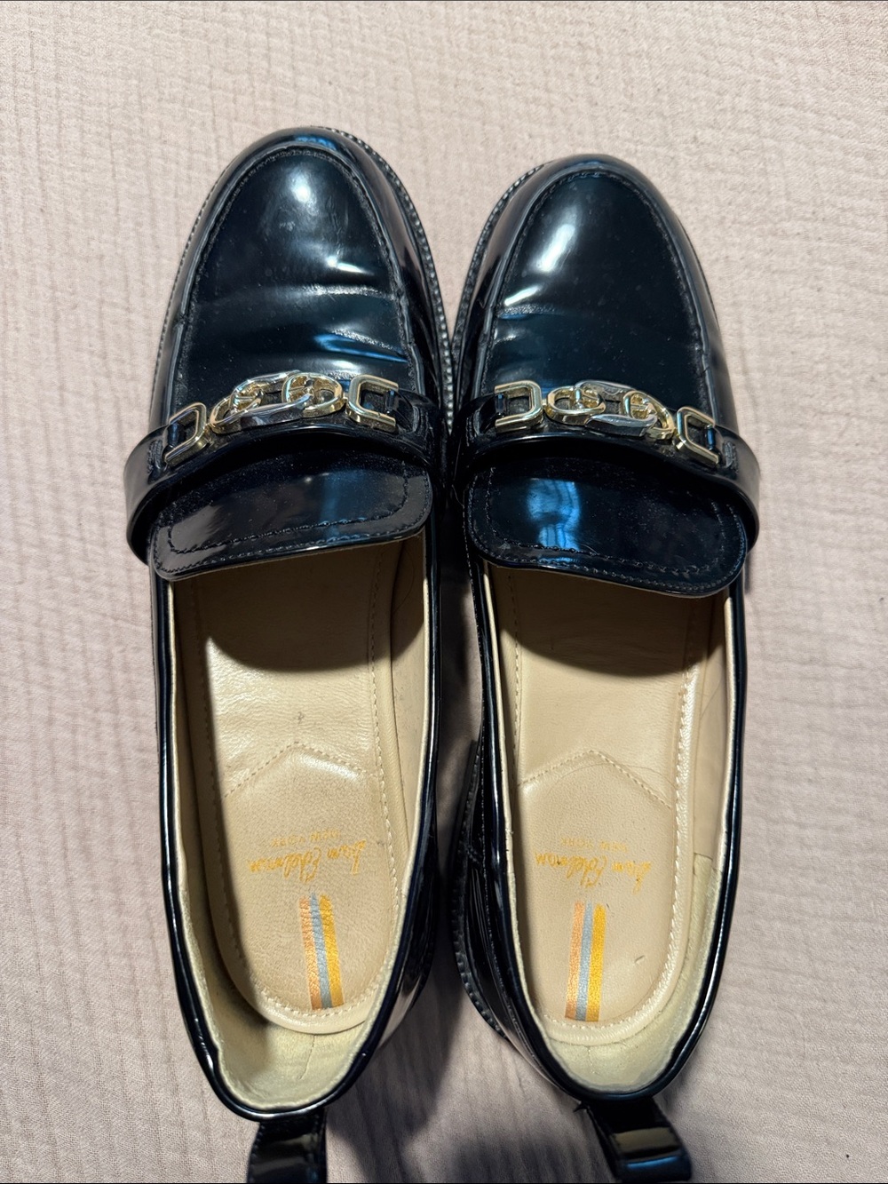 Sam Edelman Black Patent Loafers with Gold Chain Accent